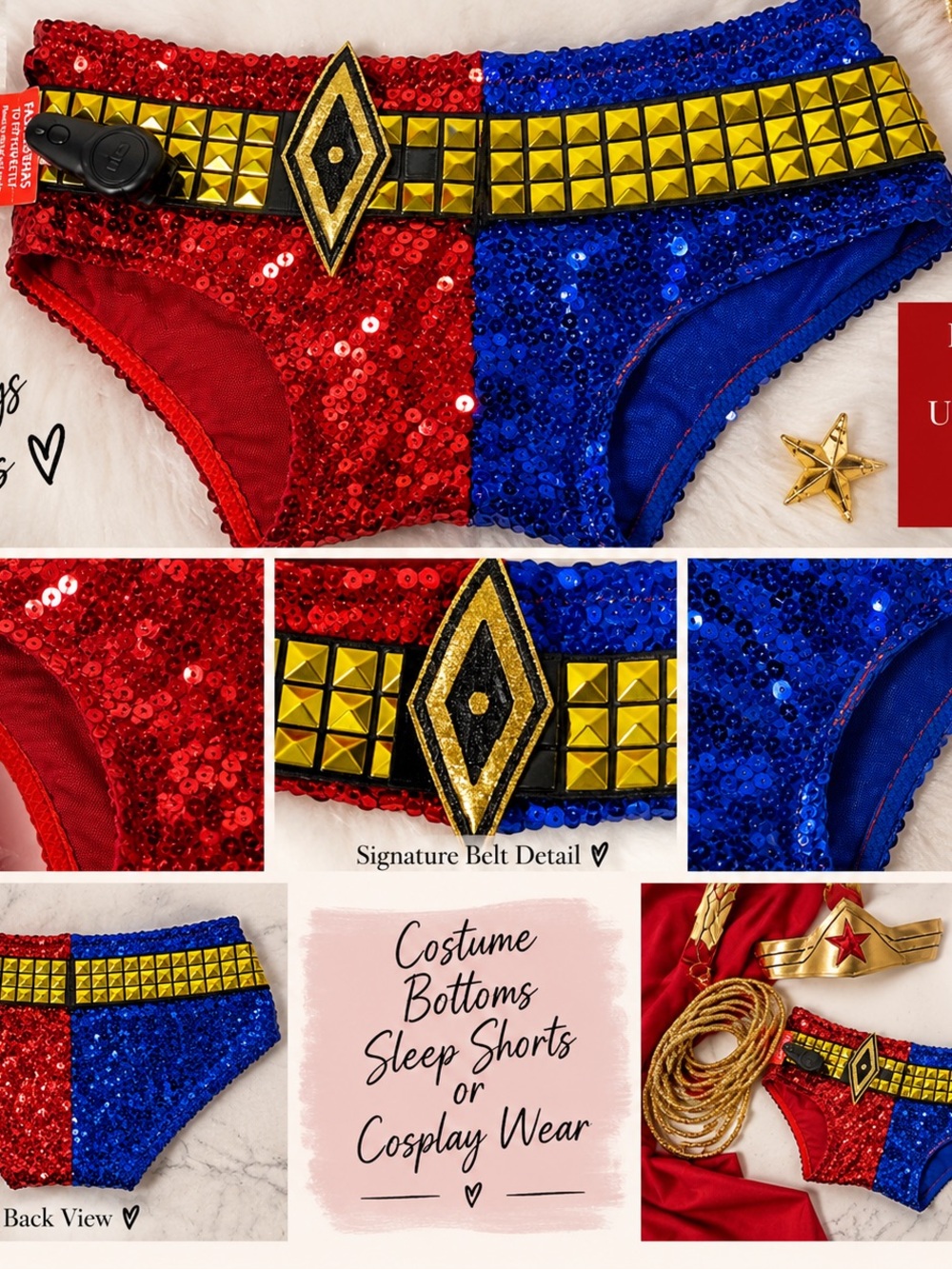 Sequin Colorblock Costume Briefs with Gold Stud Belt - Red & Blue